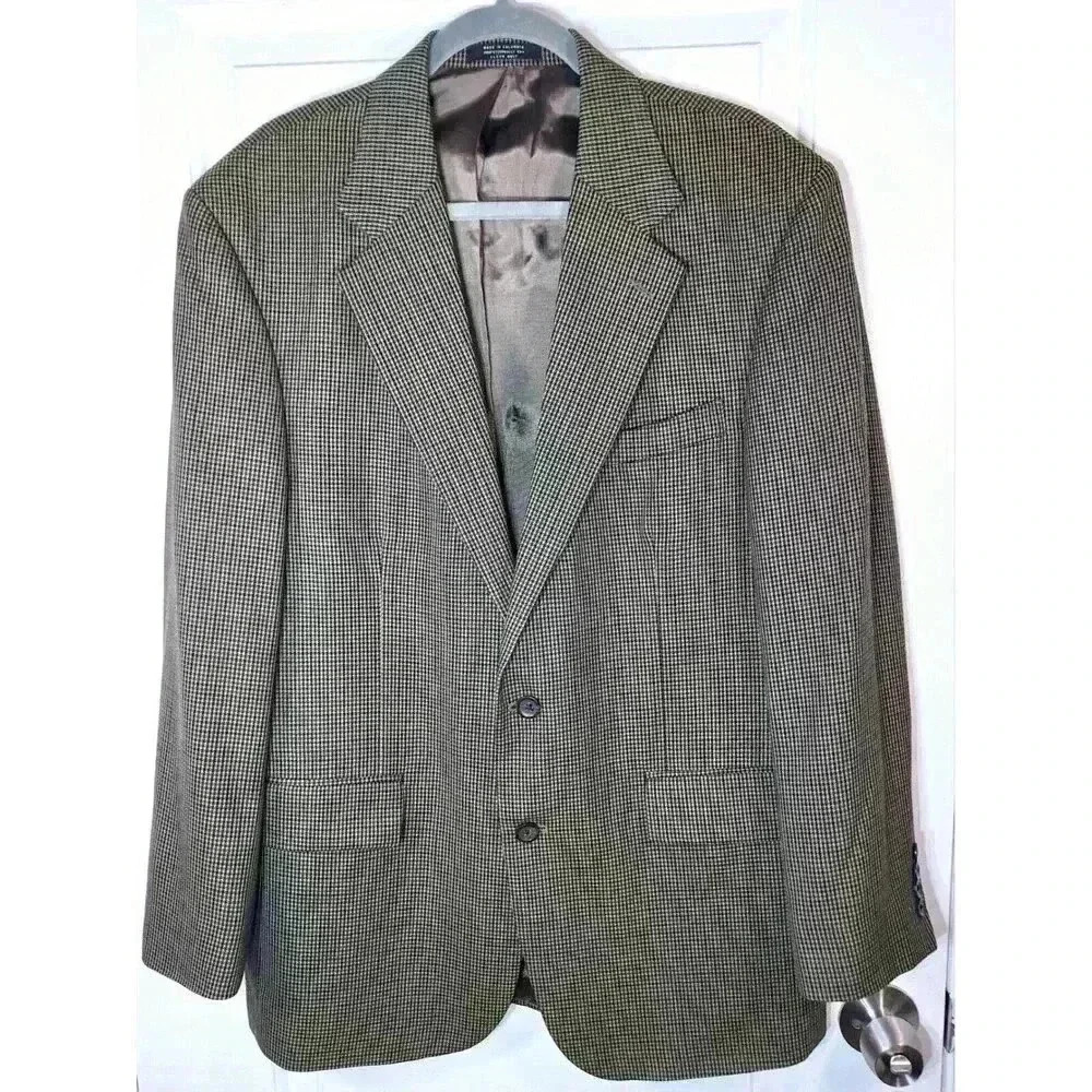Oscar‎ de la Renta Mens 42R Houndstooth Wool Blazer Brown Tan Sport Coat 3087